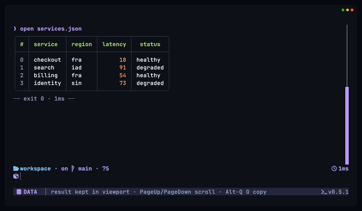 open services.json renders a colored table of services, regions, latencies, and statuses.